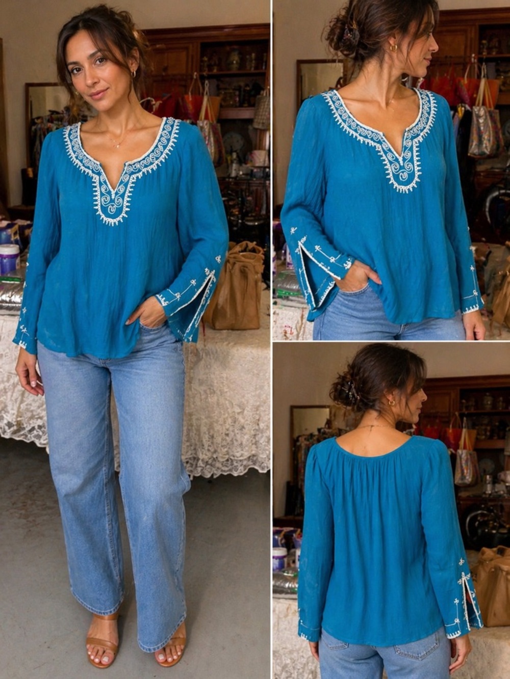 Alyx Teal Blue Embroidered V-Neck Peasant Tunic